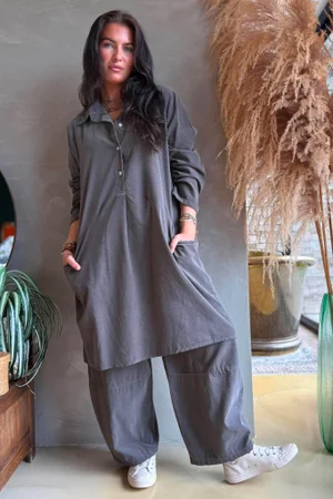 Arbi Needlecord Pop Over Shirt Dress Earth